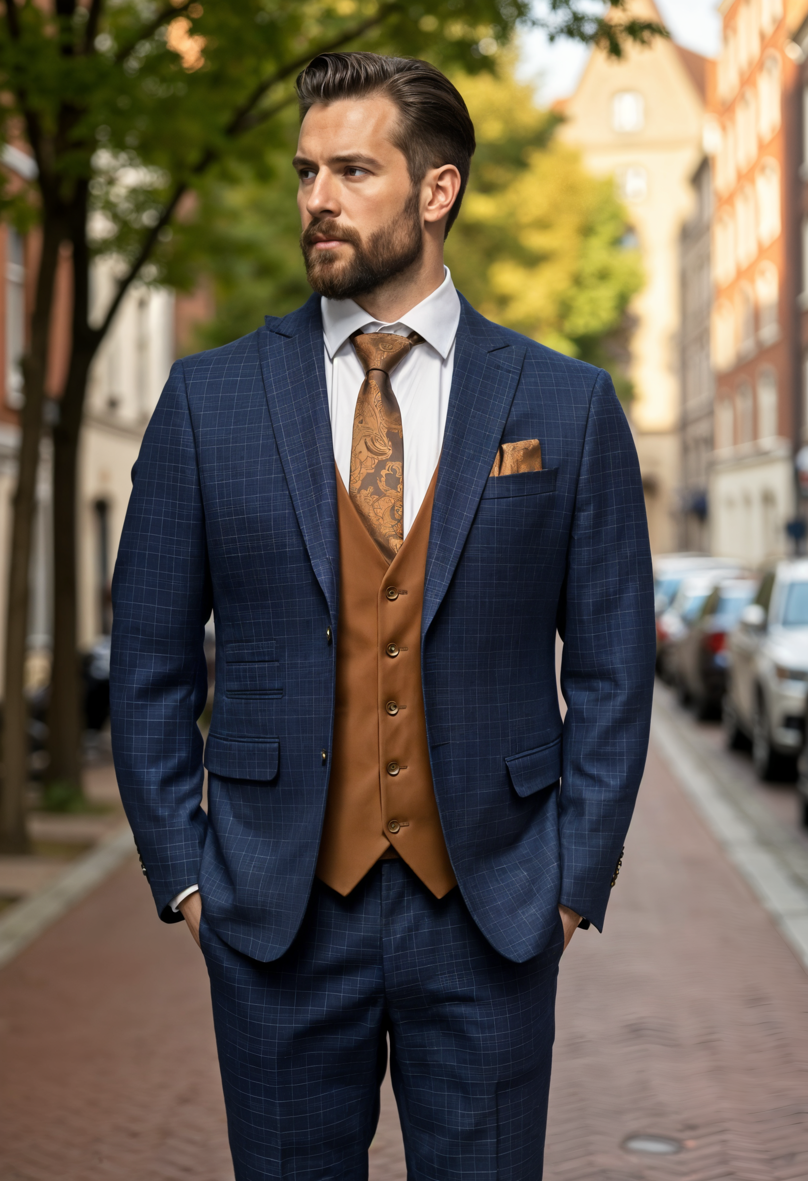CASTLESON Phantom - Driedelig Herenpak Navy/Tan Mix & Match