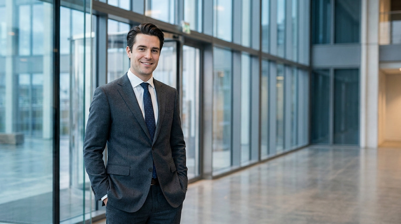 A stylish man in a charcoal grey suit stands confidently in a modern urban setting, showcasing professional fashion.