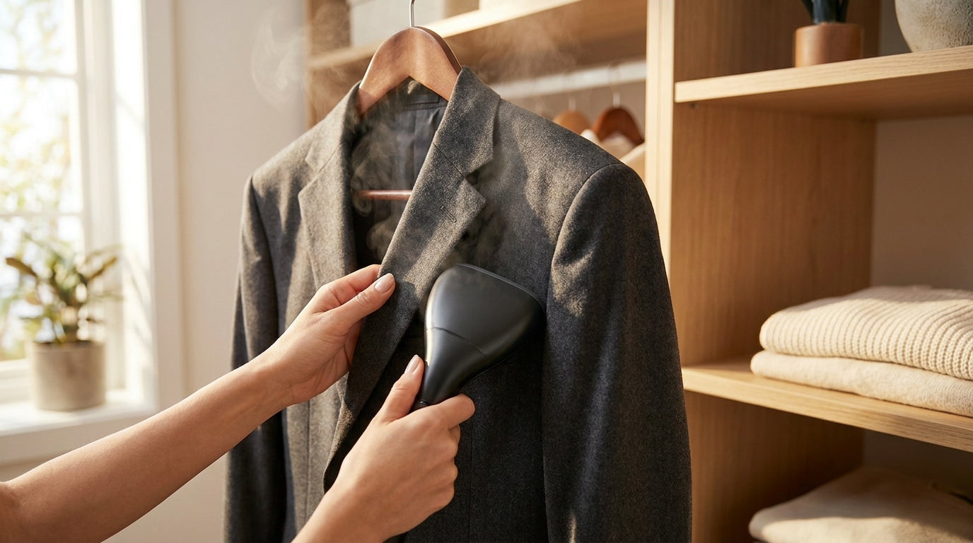 Close-up of hands steaming a dark grey suit jacket in a sunlit, organized home dressing area, conveying meticulous care.