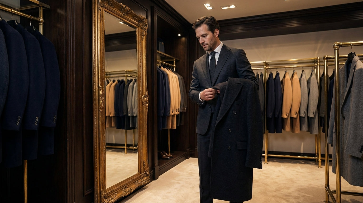 A well-dressed man examines a formal men's coat in a luxurious boutique, embodying 'herenmantel kopen' for a sophisticated wa