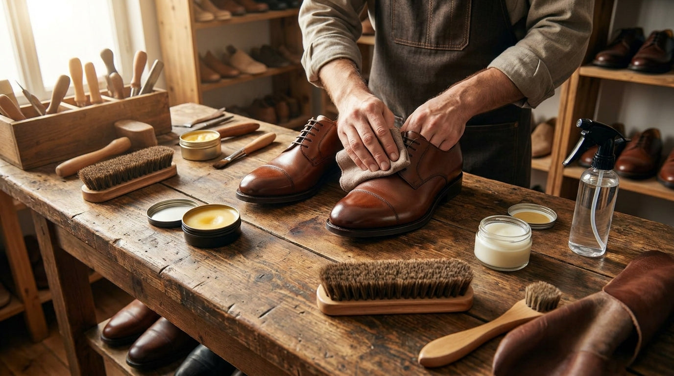 Close-up of hands meticulously polishing brown leather shoes on a wooden table with brushes and wax, illustrating leren schoe