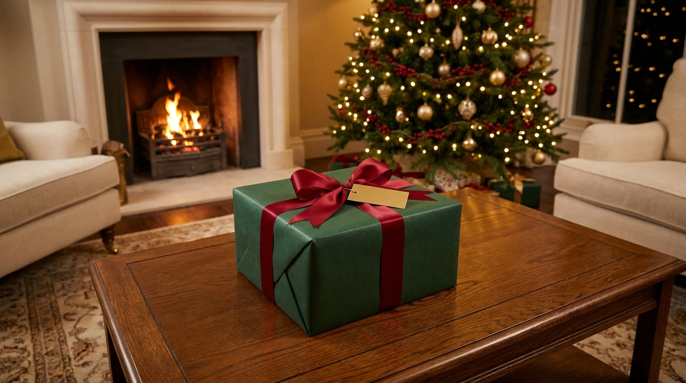 Elegant gift-wrapped men's suit package on a table in a festive living room, emphasizing 'pak cadeau heren sinterklaas kerst'