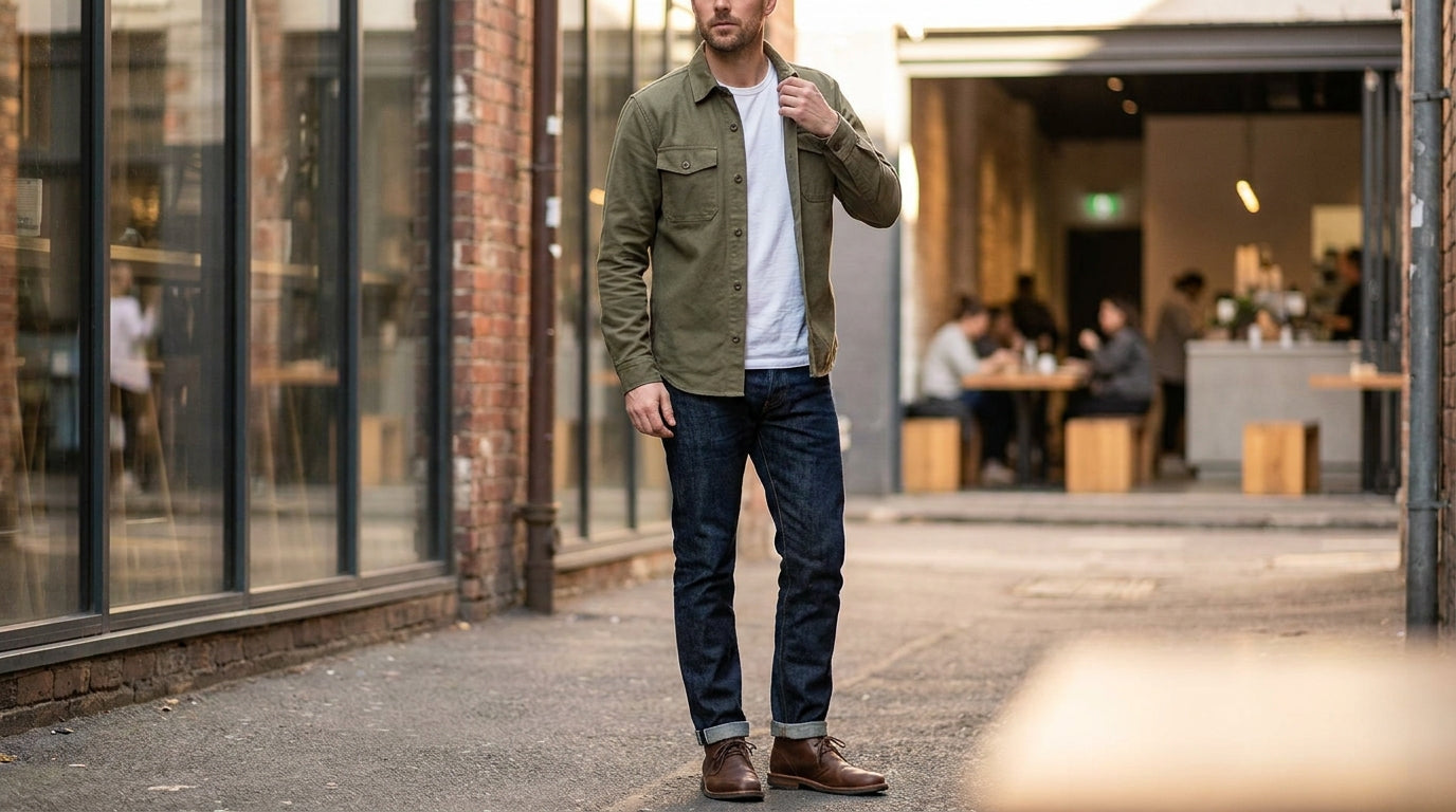 Stylish man in an olive green overshirt layered over a white t-shirt, demonstrating how to combine an overshirt (overshirt he