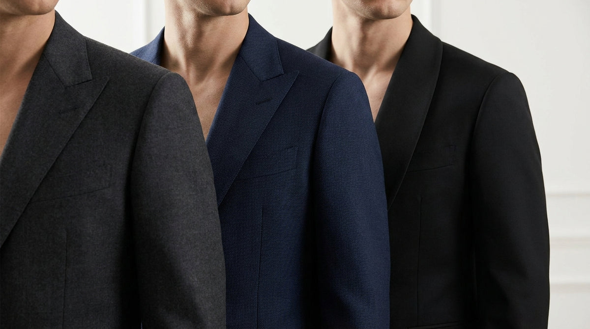 Close-up comparison of three men's suit jackets, highlighting the distinct notch, peak, and shawl lapel types. pak revers kie
