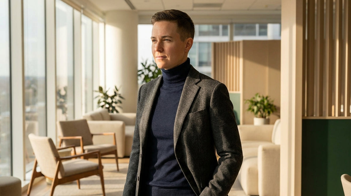 Stylish person wearing a deep navy coltrui onder colbert in a modern office, illuminated by soft natural light. Sophisticated