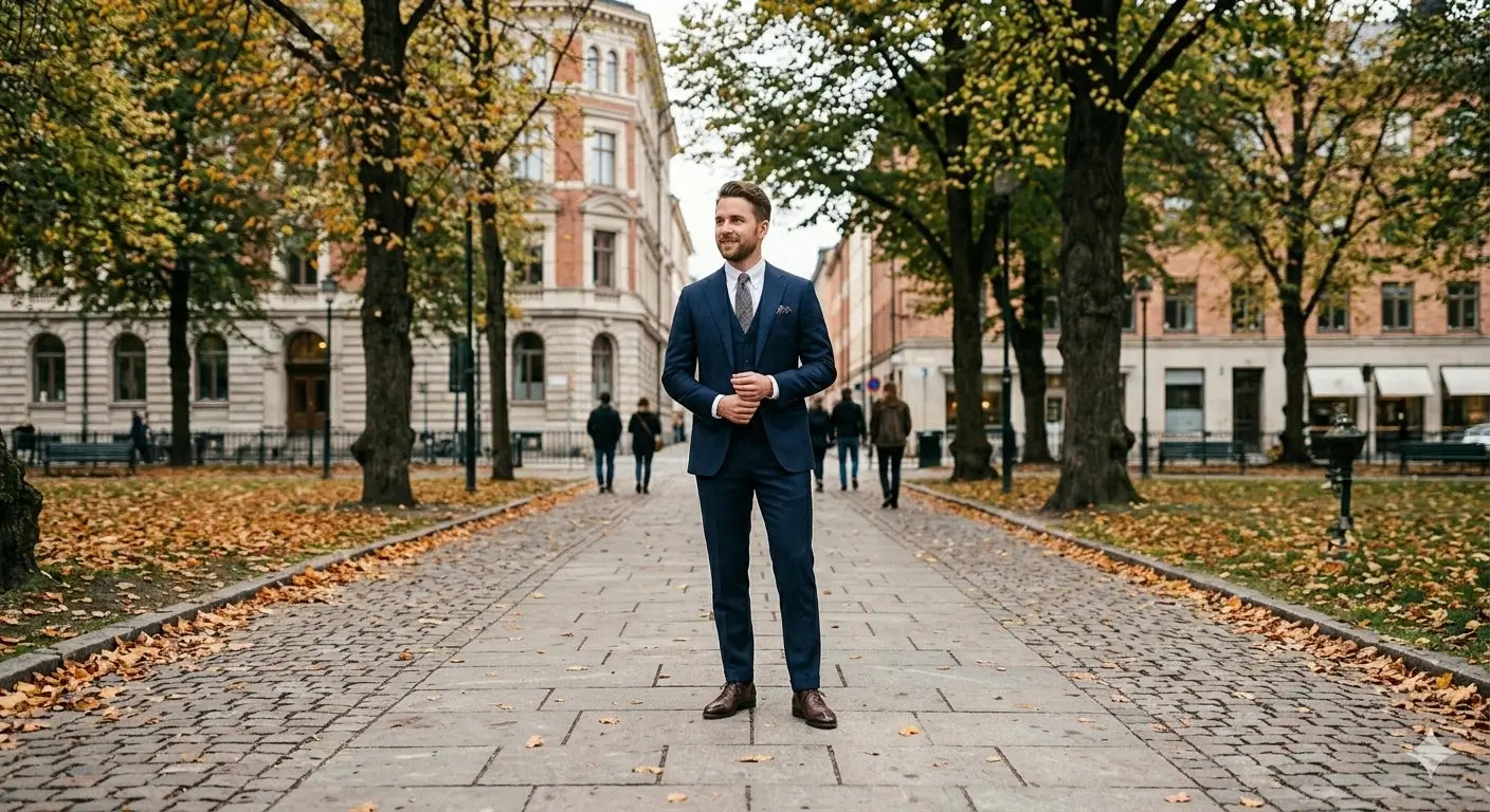 Welke kleur sokken onder blauw pak met bruine schoenen?