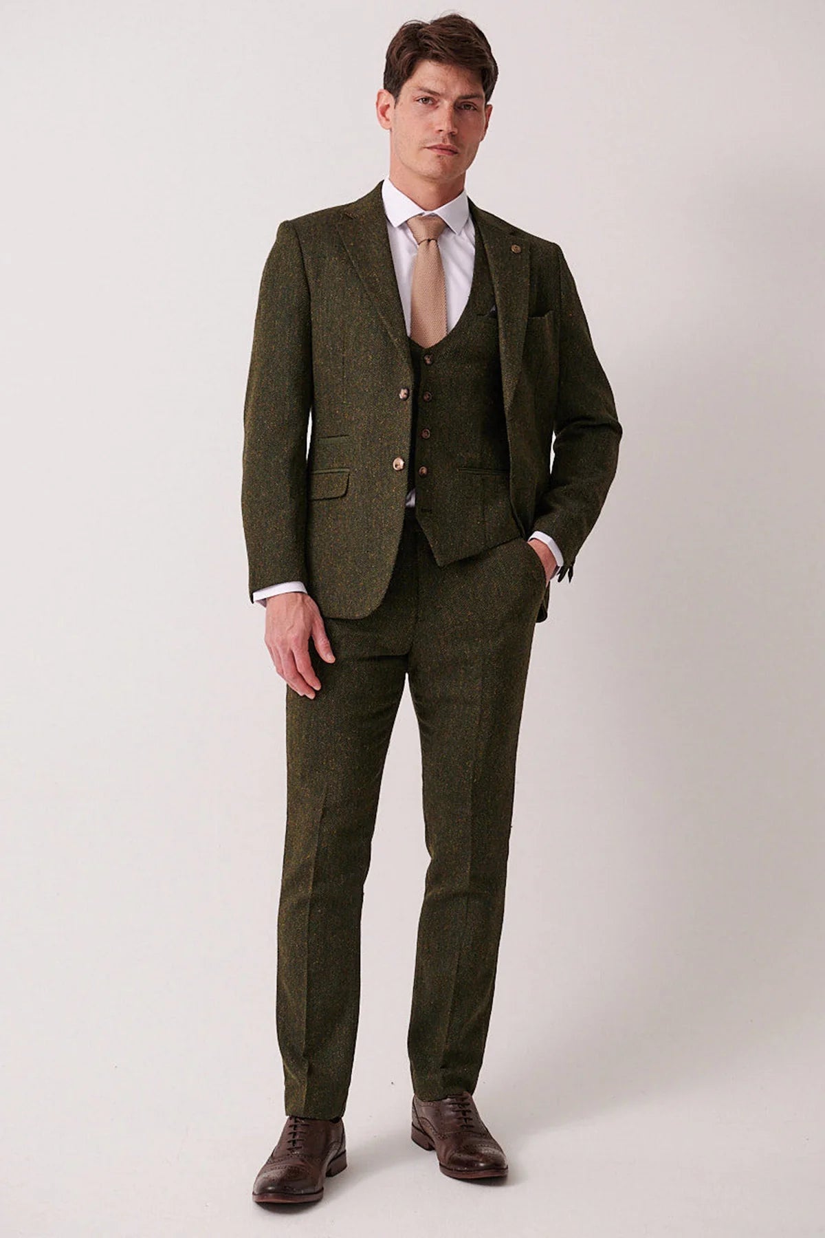 3-delig Heren kostuum Tweed Dean Olive - Marc Darcy
