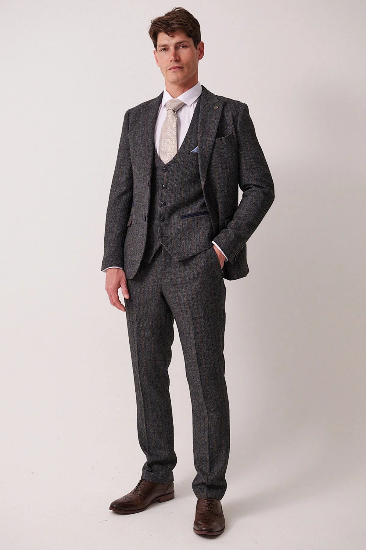 3-delig Heren kostuum Tweed Dominic Blue Grey - Marc Darcy