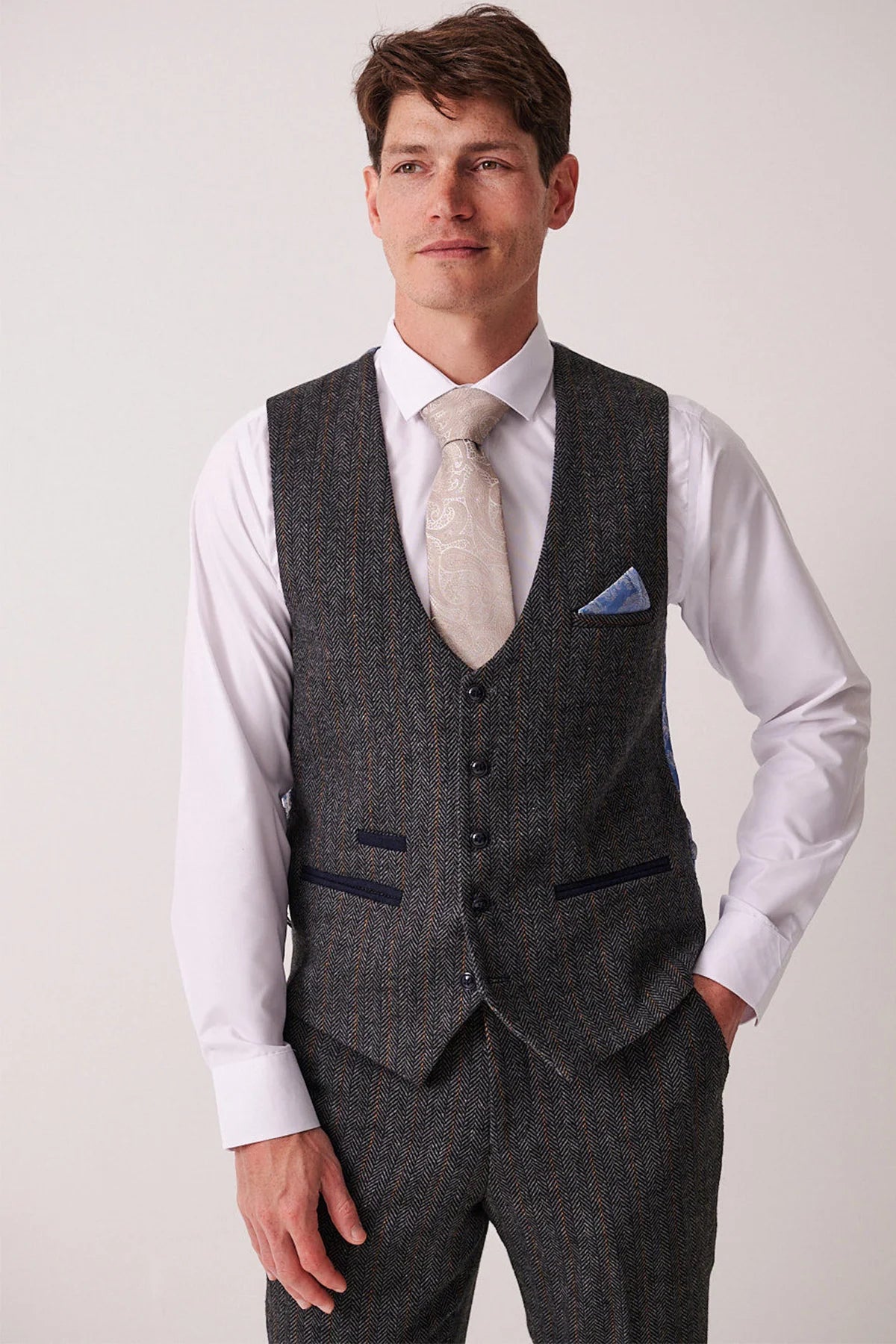 3-delig Heren kostuum Tweed Dominic Blue Grey - Marc Darcy