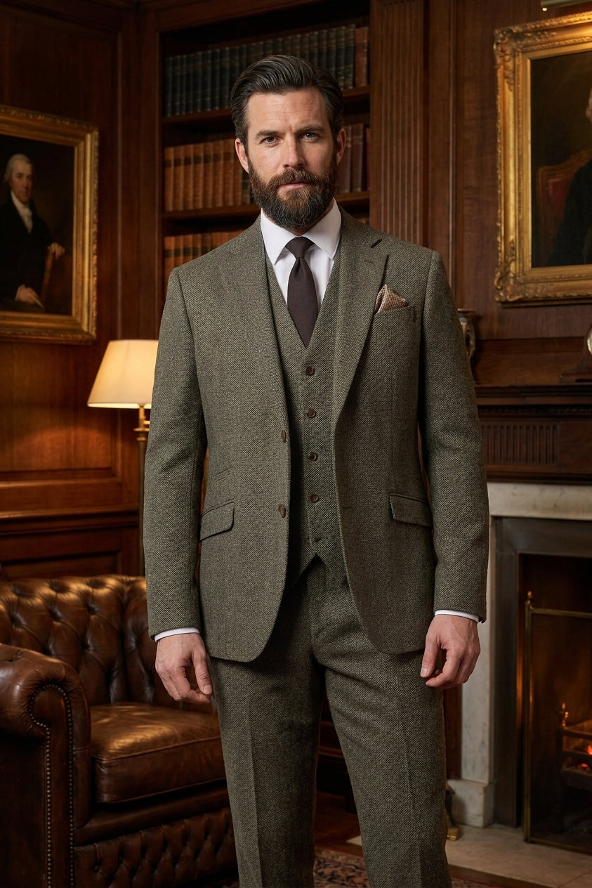 Thomas Sage Tweed driedelig herenpak | Olijfgroen 2
