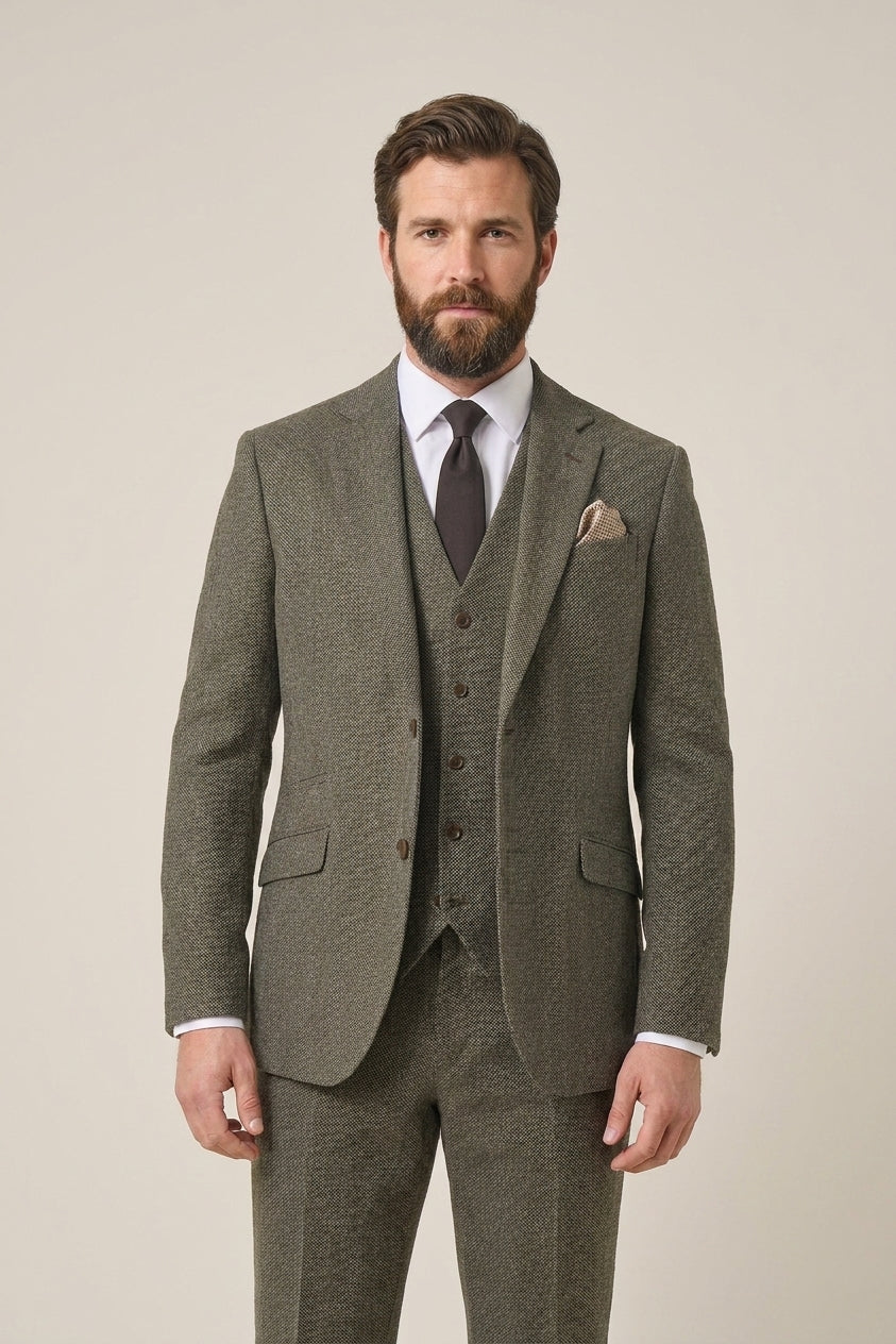 Thomas Sage Tweed driedelig herenpak | Olijfgroen 1