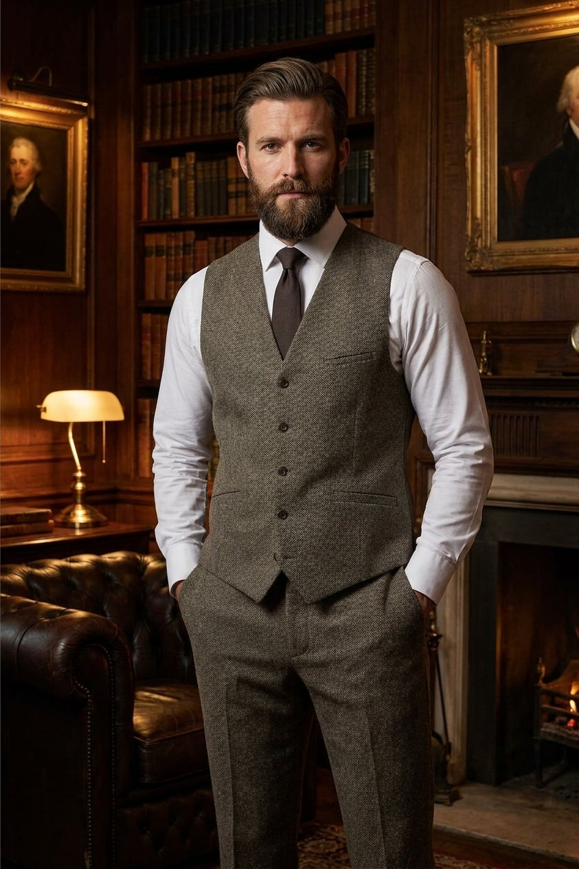 Cavani Thomas gilet heren – sage tweed met herringbone 2