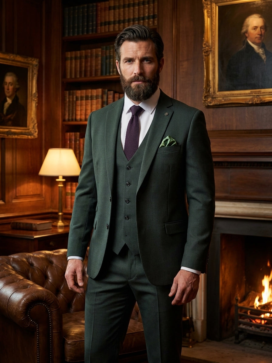 3-delig olive green heren kostuum geruit - Marc Darcy Bromley Olive suit — sfeerfoto