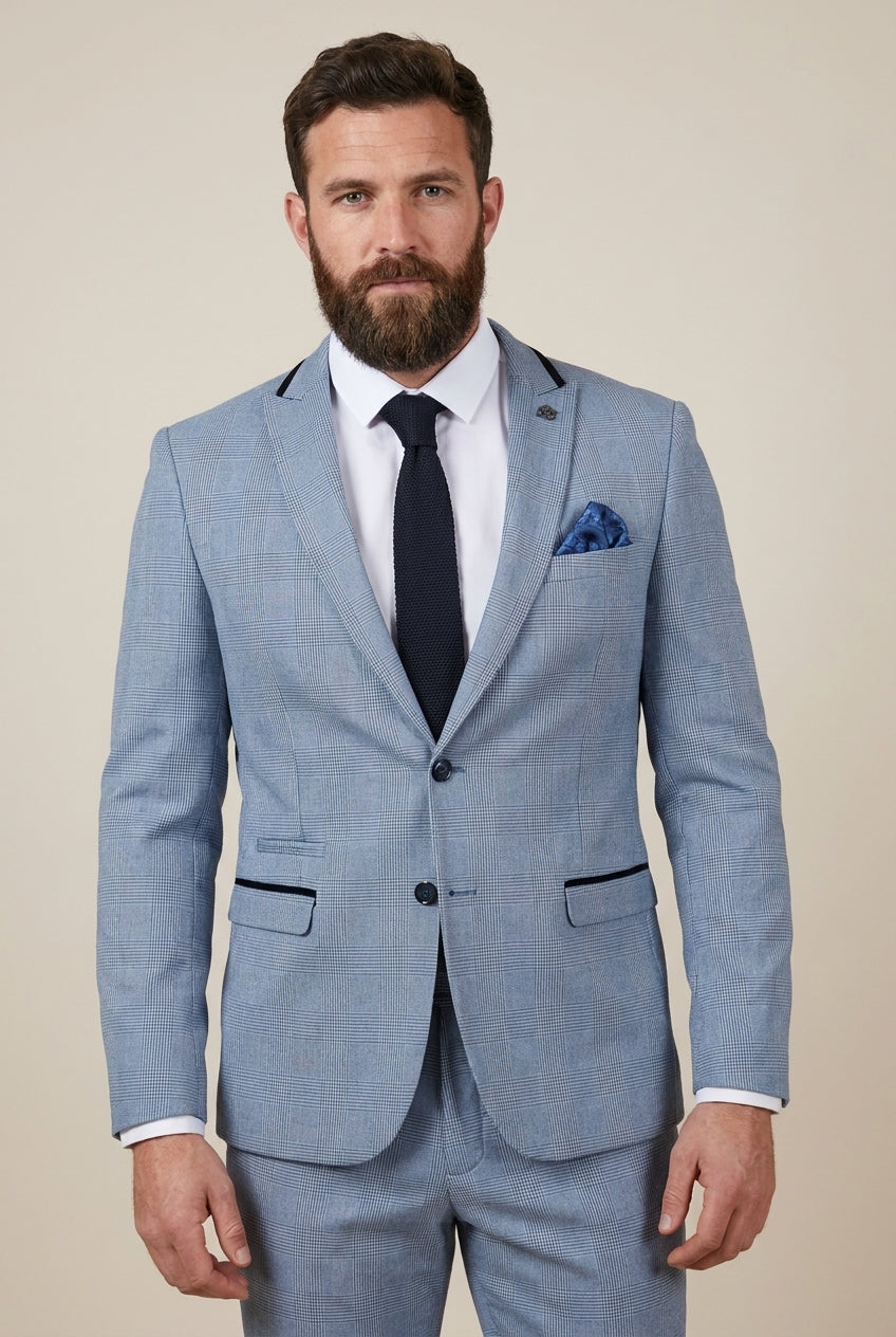 2-delig Lichtblauw blauw heren kostuum geruit - Marc Darcy Bromley Sky suit — studiofoto