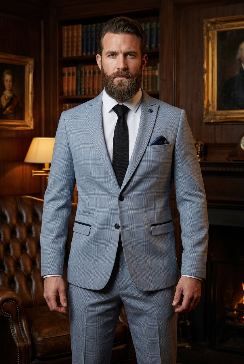2-delig Lichtblauw blauw heren kostuum geruit - Marc Darcy Bromley Sky suit — sfeerfoto