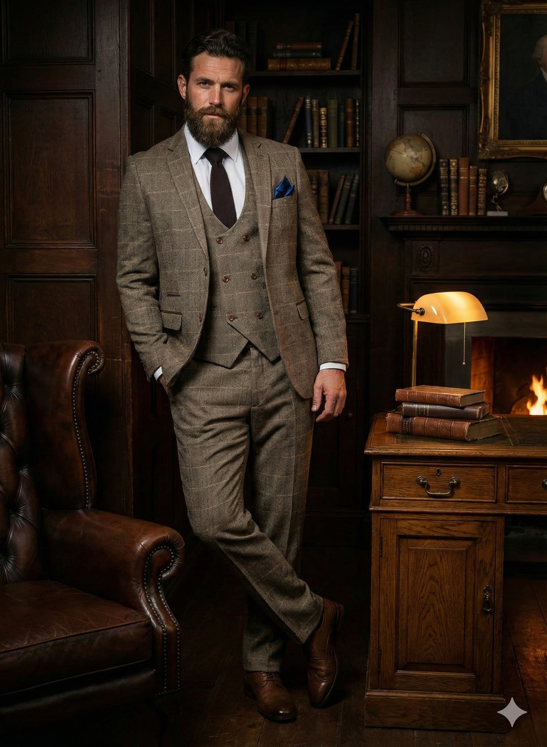 3-delig kostuum double breasted, Herringbone Brown Classic