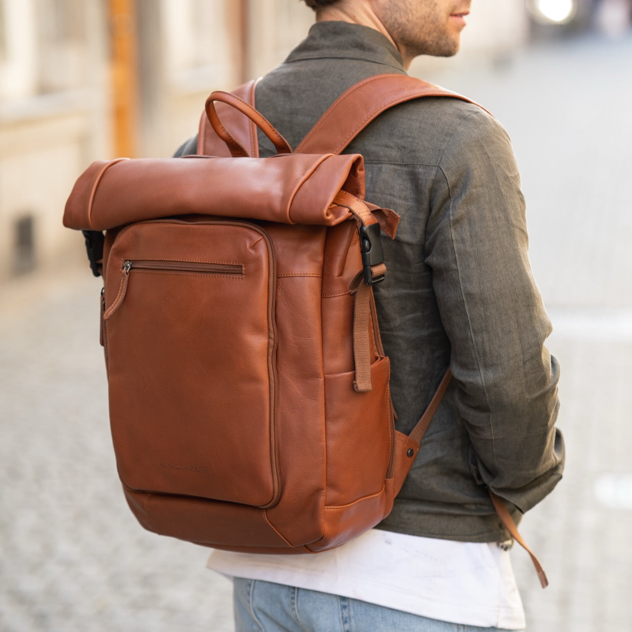 Leren Rolltop Rugzak Cognac Remo