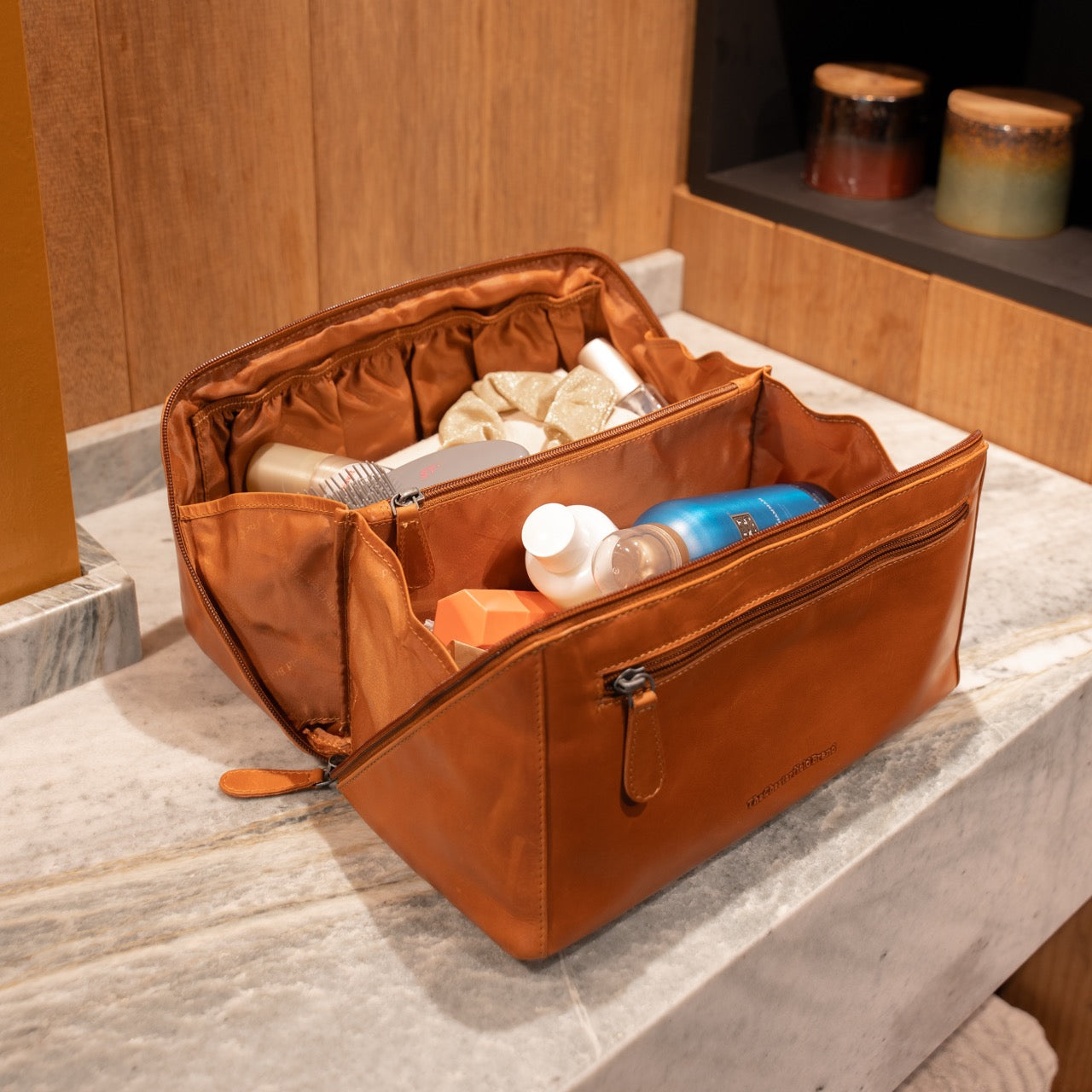Leren Toilettas Cognac Trevia