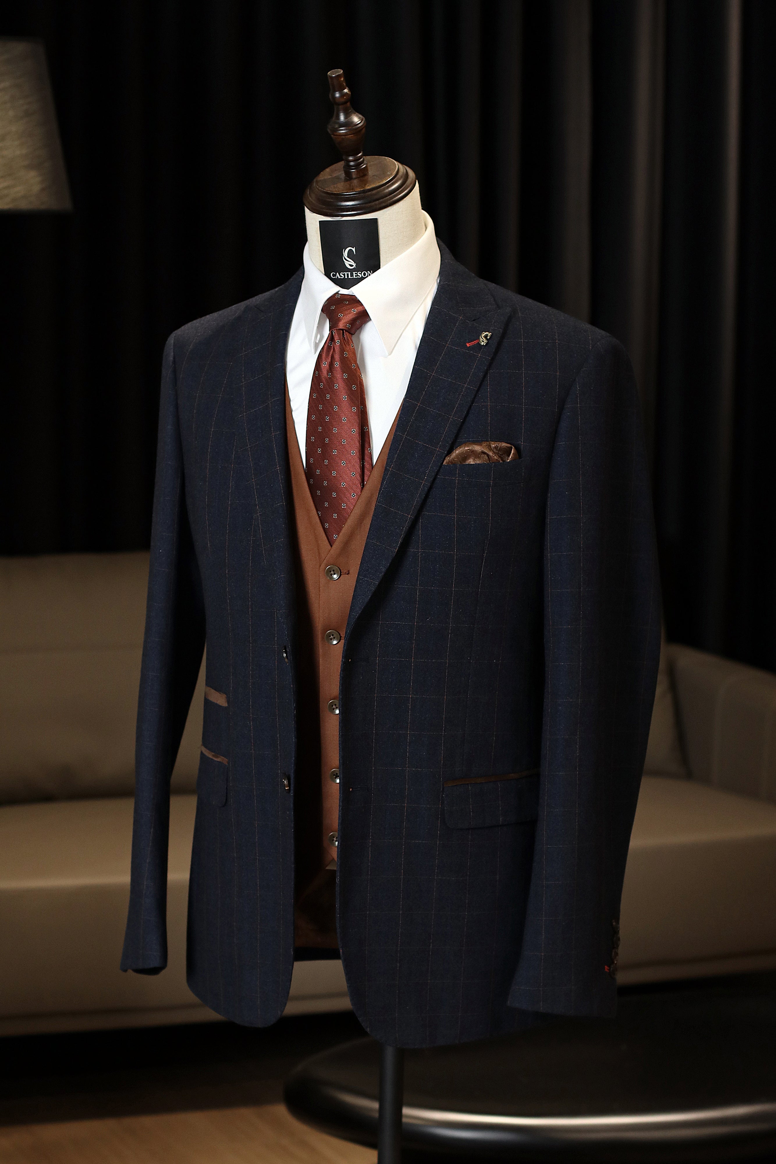 CASTLESON Admiral - Driedelig Herenpak Check Navy/Tan Mix & Match