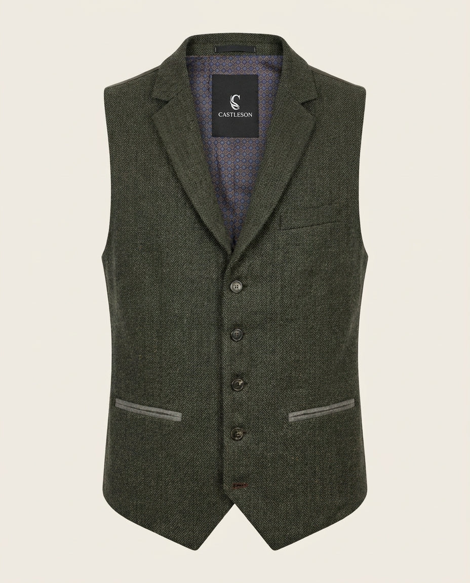 CASTLESON Chief - Gilet Olive Tweed — voorkant