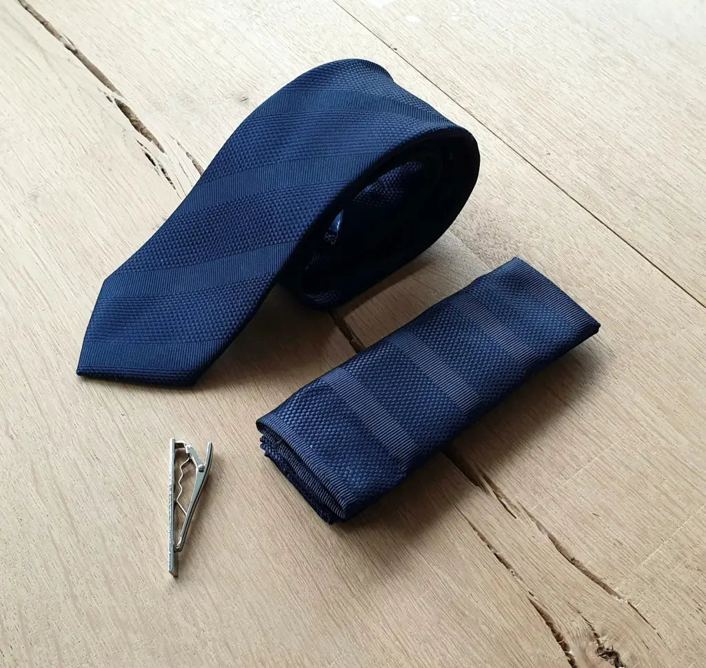 Cavani gentlemens set navy blue stropdas hankie clip -