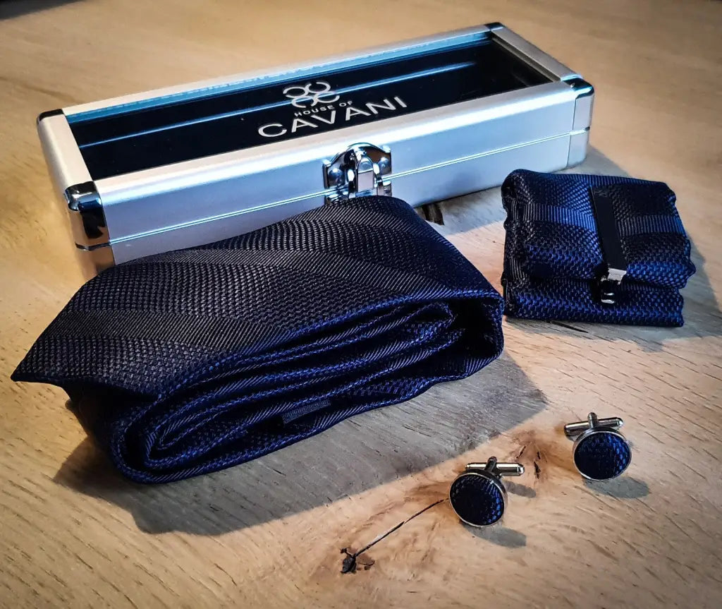 Cavani gentlemens set navy blue stropdas hankie clip