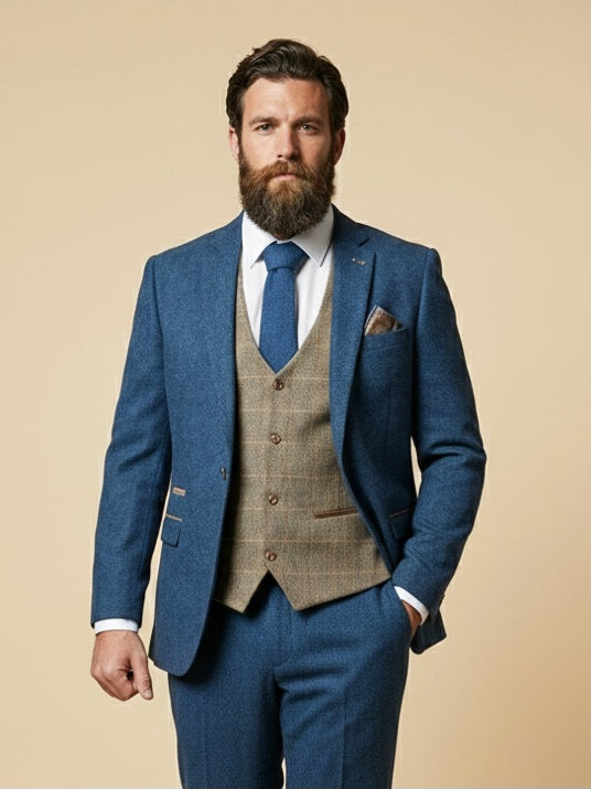 Driedelig pak Blauw/Bruin herribone