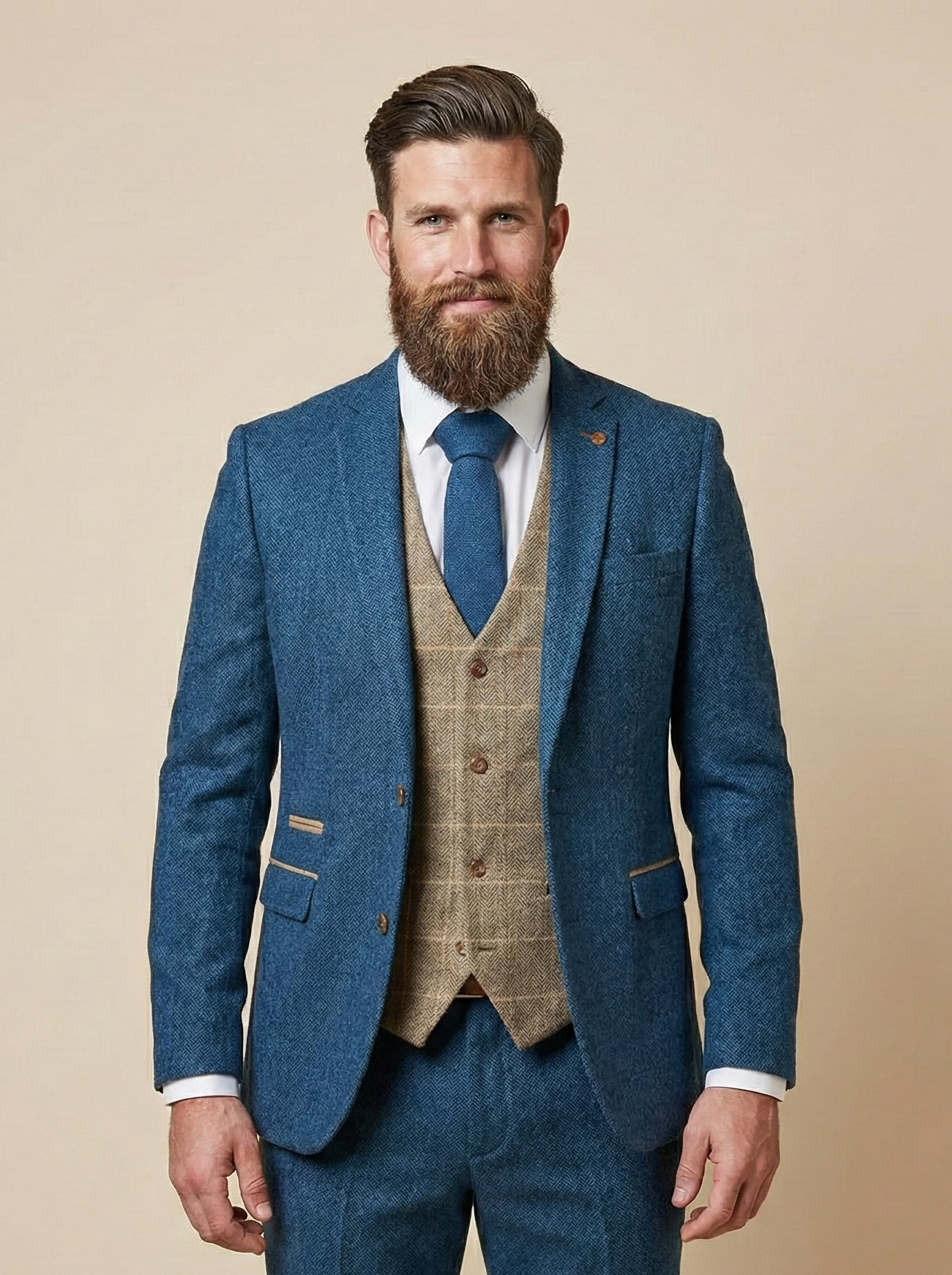 Driedelig pak Blauw/Bruin herribone