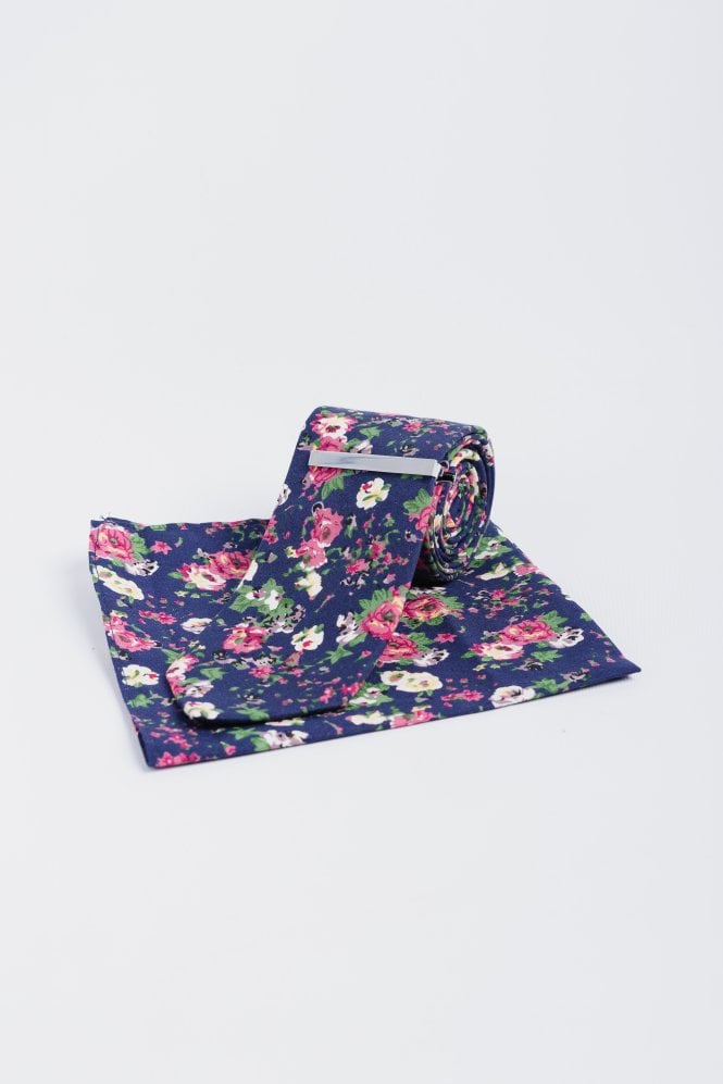 Cavani - Navy blue flower stropdas - gentleman set