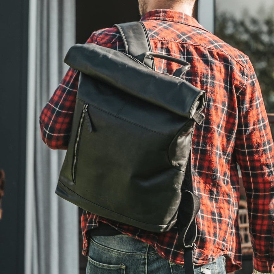 Leren Rolltop Rugzak Zwart Liverpool