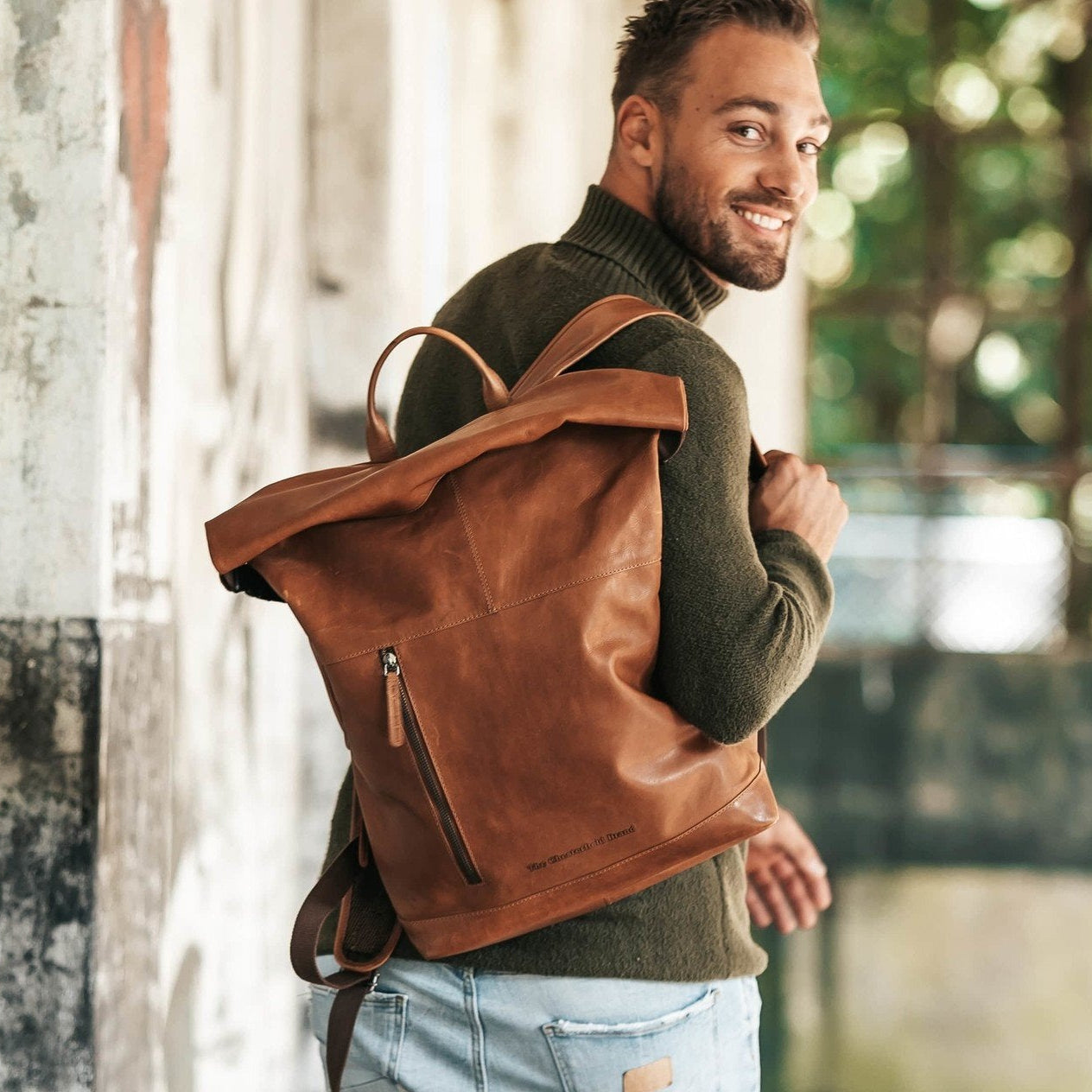Leren Rolltop Rugzak Cognac Liverpool