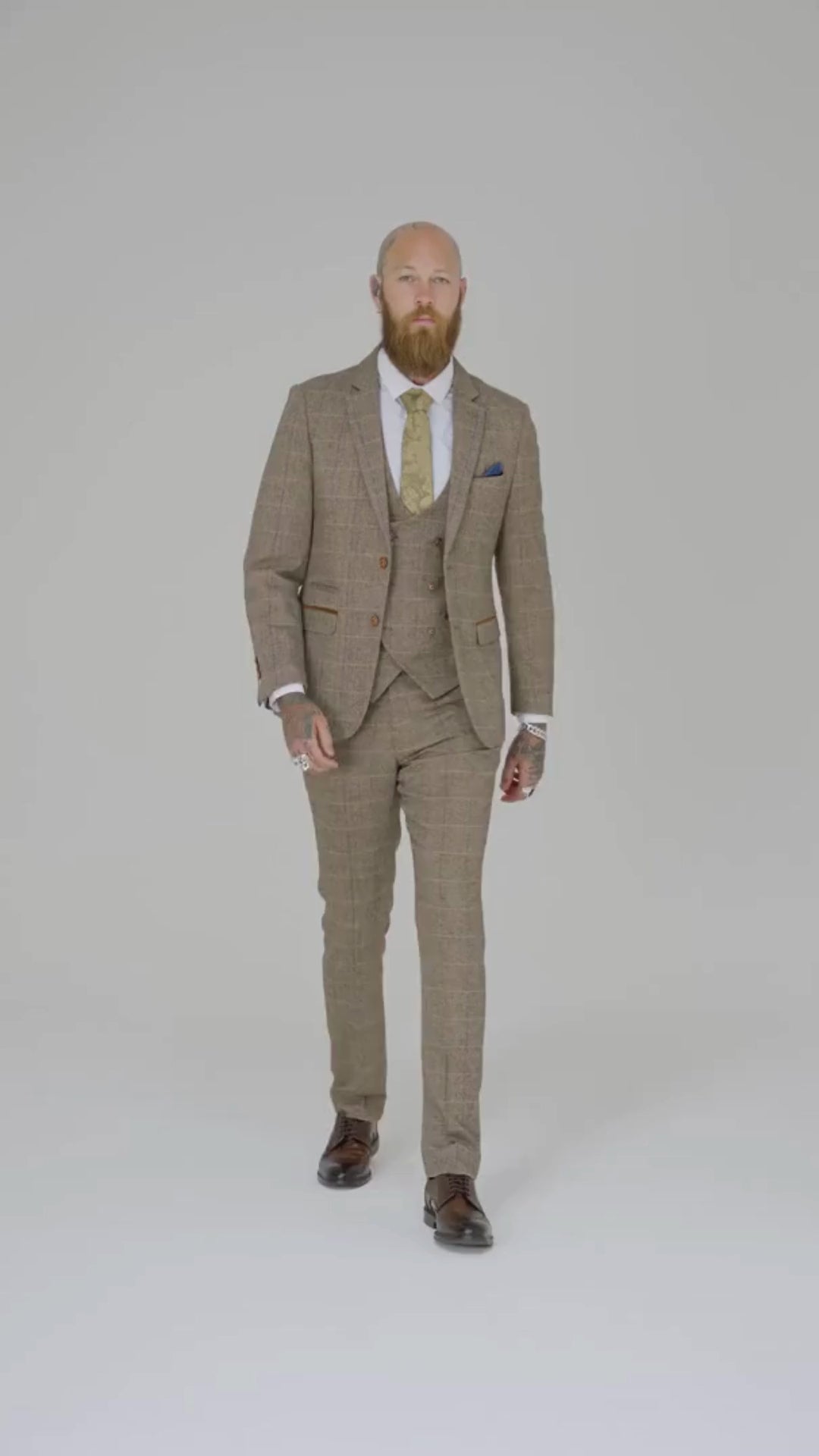 3-delig kostuum double breasted, Herringbone Brown Classic