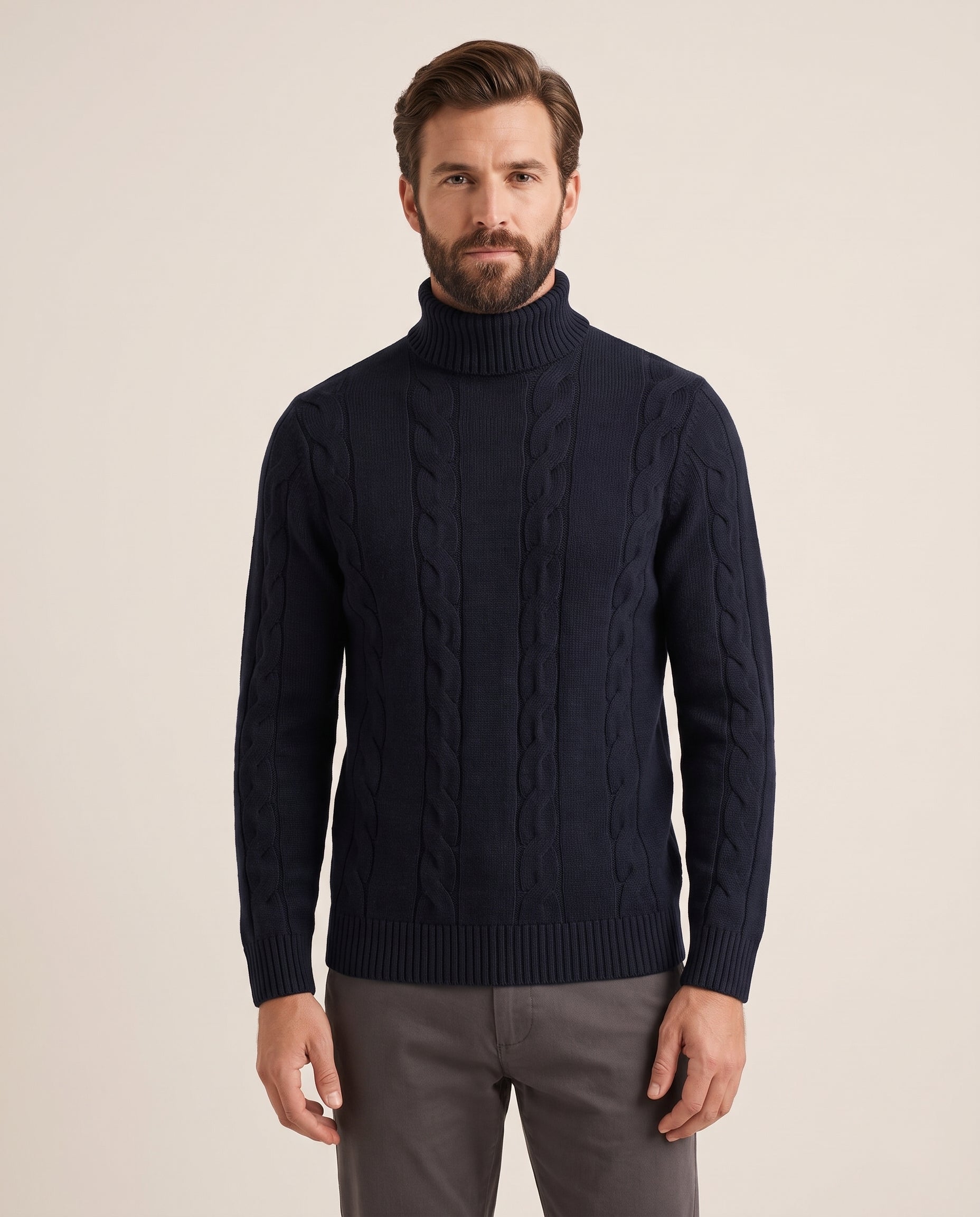 Cavani Archie Navy - Kabelgebreide coltrui heren – modelfoto